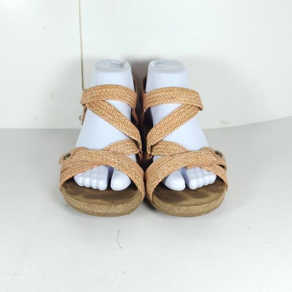 Taos Women’s Trulie US9-9,5 Cantaloupe Leather Woven Cork Wedge Strappy Sandals - Picture 3 of 16